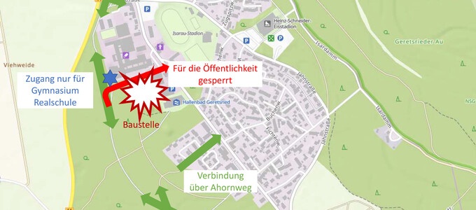 Grafik zeigt gesperrten Radweg und Ausweichrouten | © Stadt Geretsried
