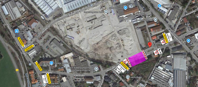 Der Verkehrszeichenplan zeigt den gesperrten Abschnitt in der Elbestrasse | © Stadt Geretsried