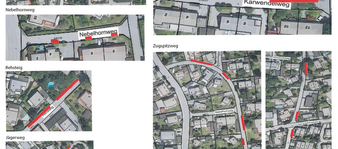 Übersichtsplan Fahrbahnmarkierungen Spielstraßen Isaraustraße, Nebelhonweg, Rehsteig, Jägerweg, Karwendelweg, Zugspitzweg | © Stadt Geretsried
